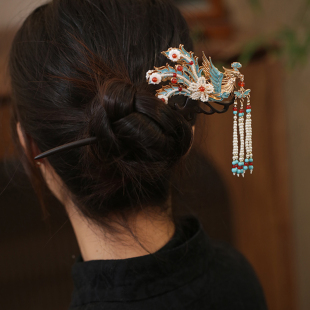 古风凤凰发簪2025新款高端双面盘头发簪子流苏步摇檀木簪旗袍发饰