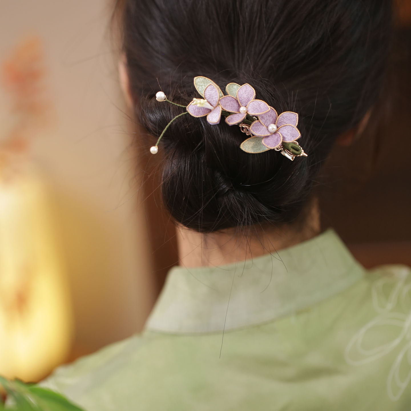 紫色发饰配旗袍仿绒花朵发夹半披发中式边夹两侧边精致发卡子女孩