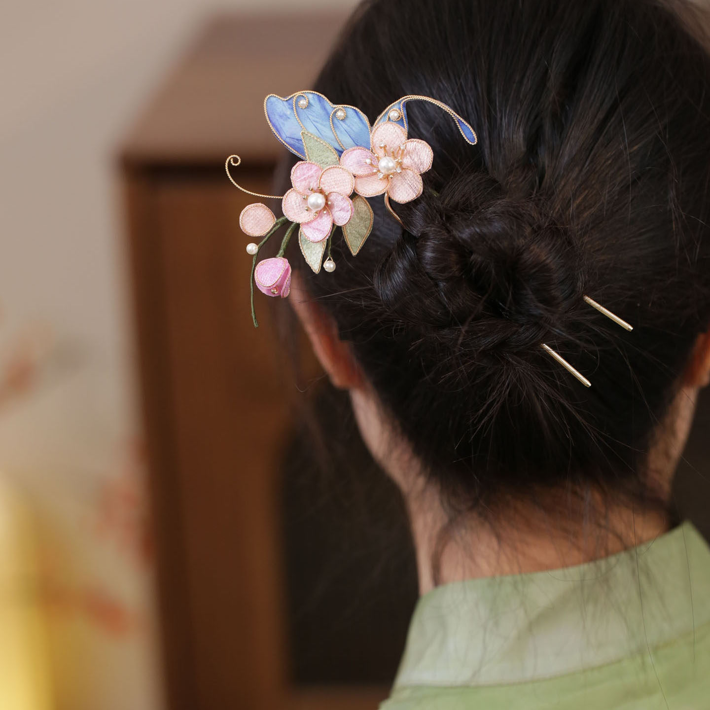古风u形蝴蝶发簪粉色花汉服头饰图片