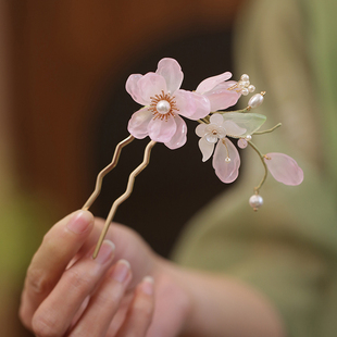 粉色琉璃花朵发钗插梳u型发簪古风女童发髻簪子马面裙汉服头饰品