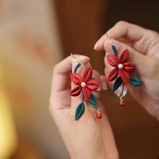 适合冬天的耳环新娘缠花花朵旗袍耳饰红色国风耳坠敬酒服结婚耳钉