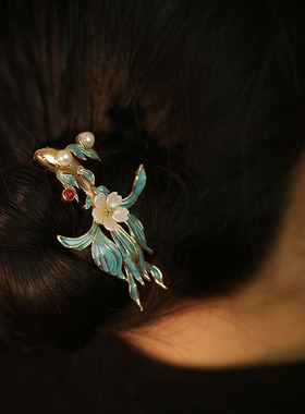 锦鲤发簪秋冬古风马面裙配饰簪子双钗u形发钗后压烧蓝汉服发饰品