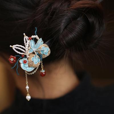 中国风烧蓝柿子檀木步摇发簪头饰