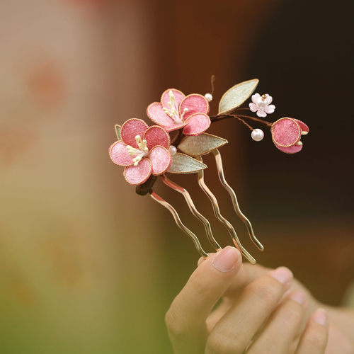 国风掐丝桃花粉色发簪插梳头饰品