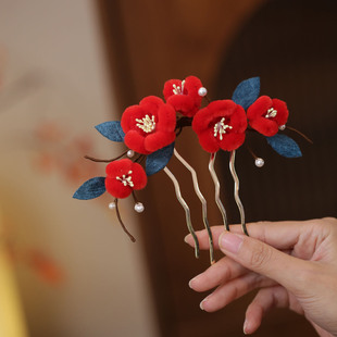 小女孩发饰红色旗袍头饰古风发叉插梳秋冬仿绒花发簪短款簪子旗袍