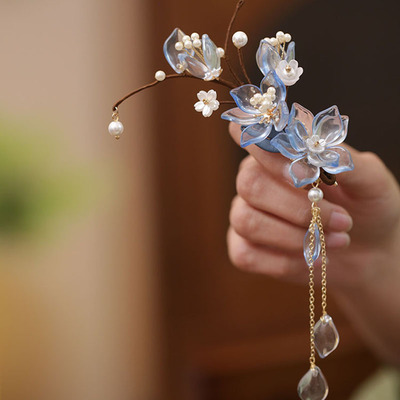 国风蓝色琉璃花朵发夹旗袍头饰品