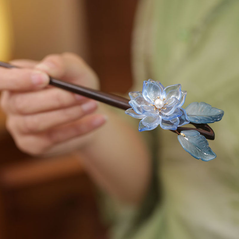 新中式蓝色琉璃花朵发簪汉服头饰图片