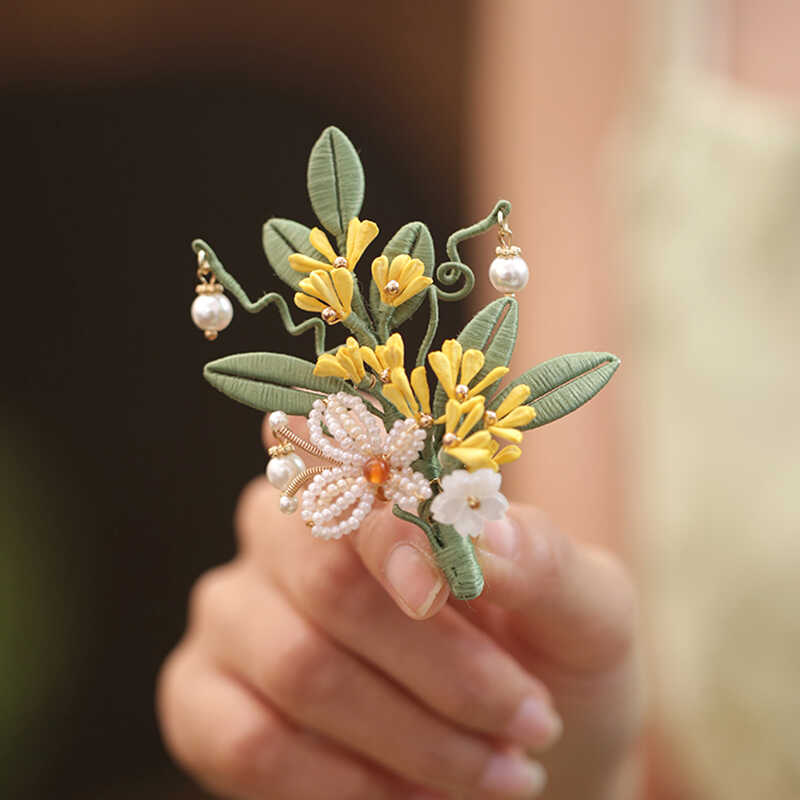 绿色古风缠花桂花汉服裙子胸针女