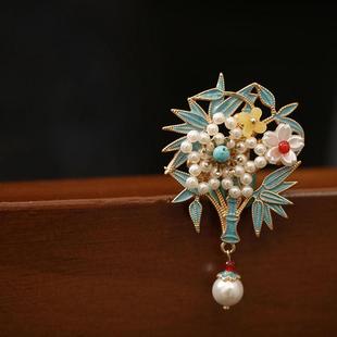 新中式竹子胸针配大衣烧蓝胸花高端精致时尚别针固定衣服旗袍配饰