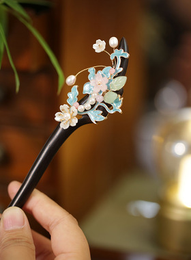 池鸢新中式烧蓝檀木簪子旗袍发饰