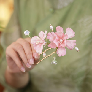 汉服头饰发簪古风仙气u型短簪子手工粉色花朵发钗低丸子头发饰品