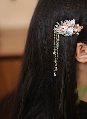 古风烧蓝粉色荷花发夹汉服发饰品