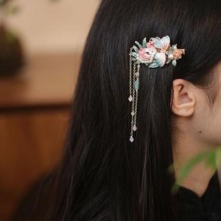 烧蓝粉色头饰汉服荷花蝴蝶侧耳流苏发夹国风耳边夹旗袍小夹子发卡