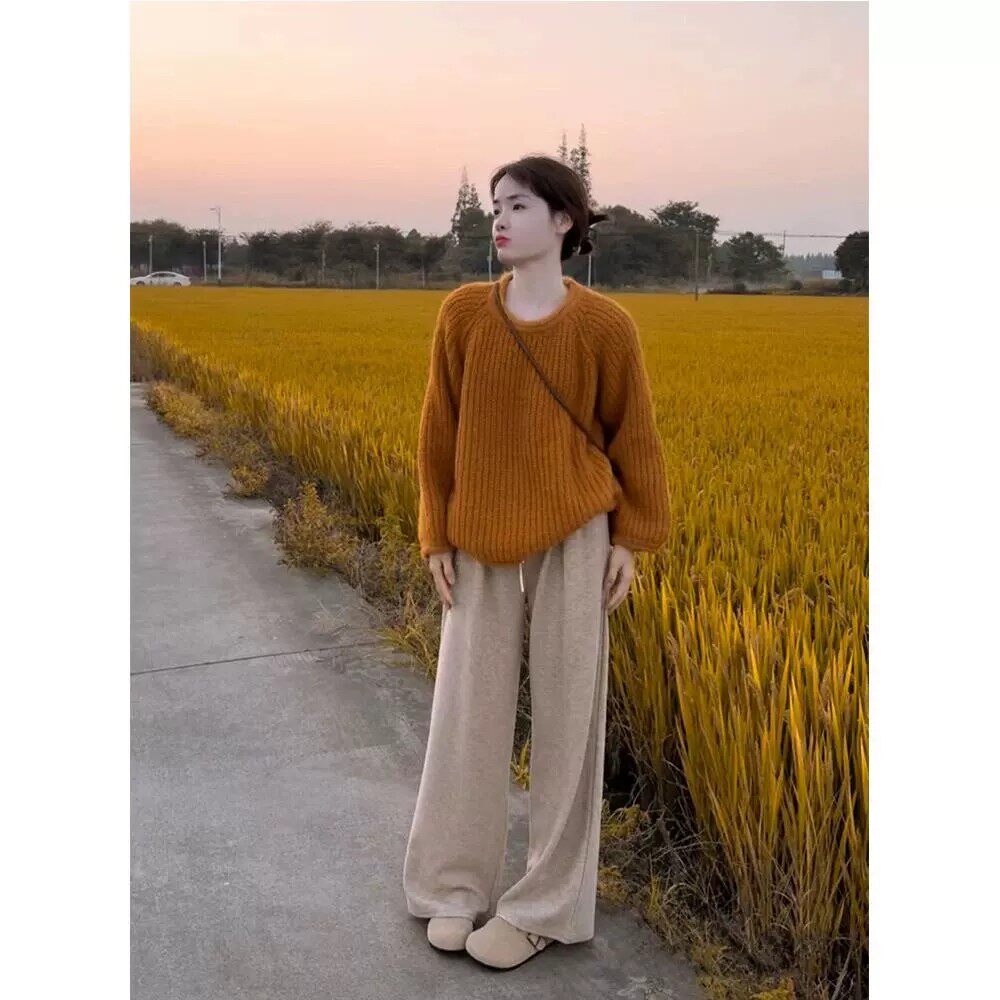 橘色圆领套头软糯毛衣女2026秋冬新款慵懒风加厚中长款针织衫上衣