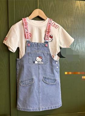 包邮可爱猫咪凯蒂牛仔裙女童装女宝宝童裙可调节背带裙110～160码