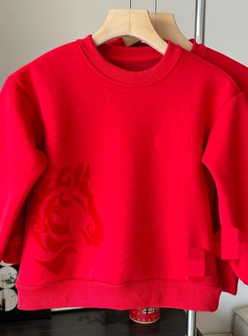 包邮加绒卫衣中国红色圆领绒衫马年新年冬季男童女童5岁-14岁上衣