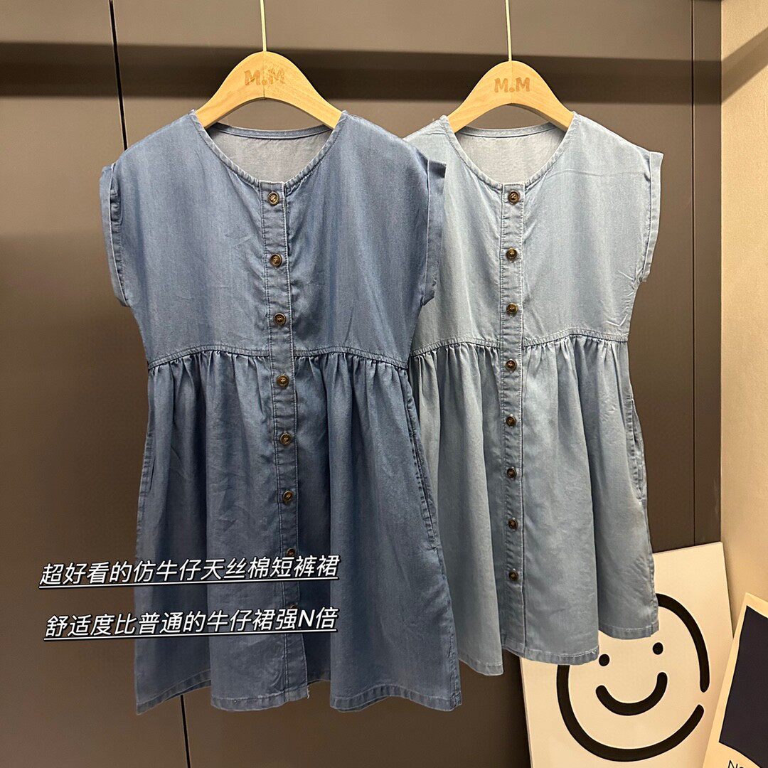 包邮连衣裙女童夏季短袖轻盈宽松少女水洗牛仔裙凉爽休闲裙子