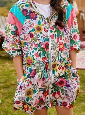 断码夏季女童外套140码160码满印田园太阳花连帽轻薄防晒衣中长款