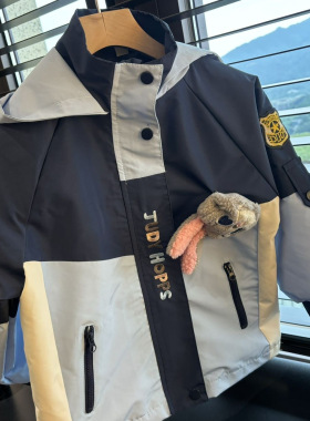 包邮春秋儿童外套女宝宝120-160防风冲锋衣新款兔子连帽蓝色风衣