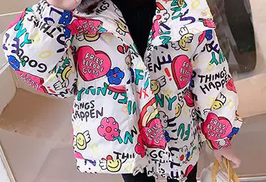 包邮原丹冬季女童加厚棉袄女孩保暖外套连帽上衣满印洋气棉衣棉服