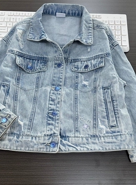 包邮女童牛仔外套130～170码棉质水洗BL女宝春天秋季花朵休闲开衫