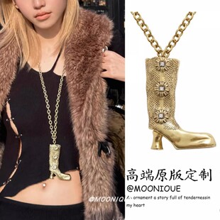 vintage中古金色小雏菊长筒靴吊坠项链女小众设计时尚个性毛衣链