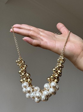 法式轻奢金色珍珠球项链女多层编织链条小众高级感优雅毛衣锁骨链