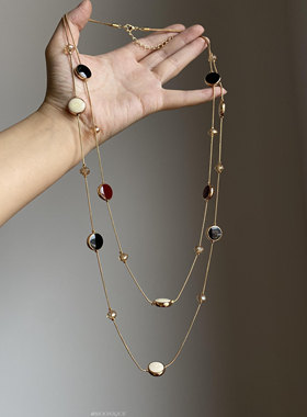 老钱风~中古叠戴双层金属项链复古文艺风百搭颈部配饰长毛衣链女