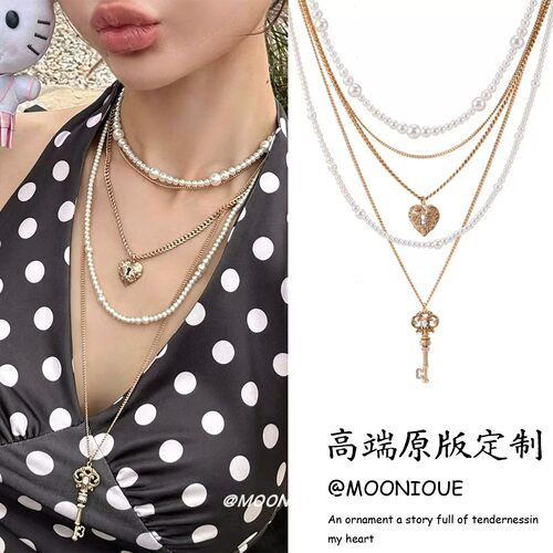 复古金色爱心吊坠多层珍珠项链女轻奢小众设计高级感锁骨链可拆卸