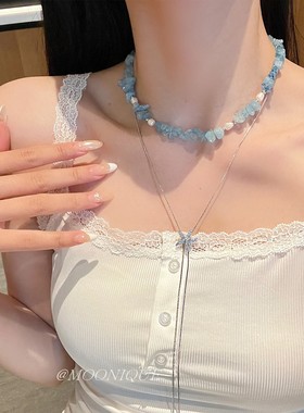 ins风不规则蓝色海洋碎石串珠水晶项链女长款海星轻奢抽拉毛衣链