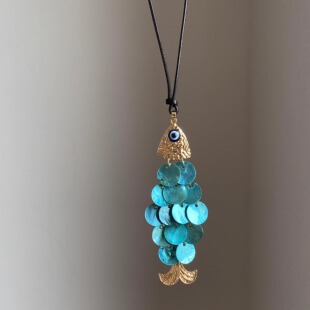 文艺时尚蓝色贝壳鱼鳞片小鱼儿吊坠黑色蜡绳配饰项链高级感毛衣链