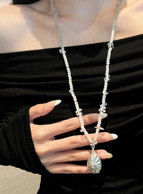 复古设计感褶皱贝壳吊坠项链女