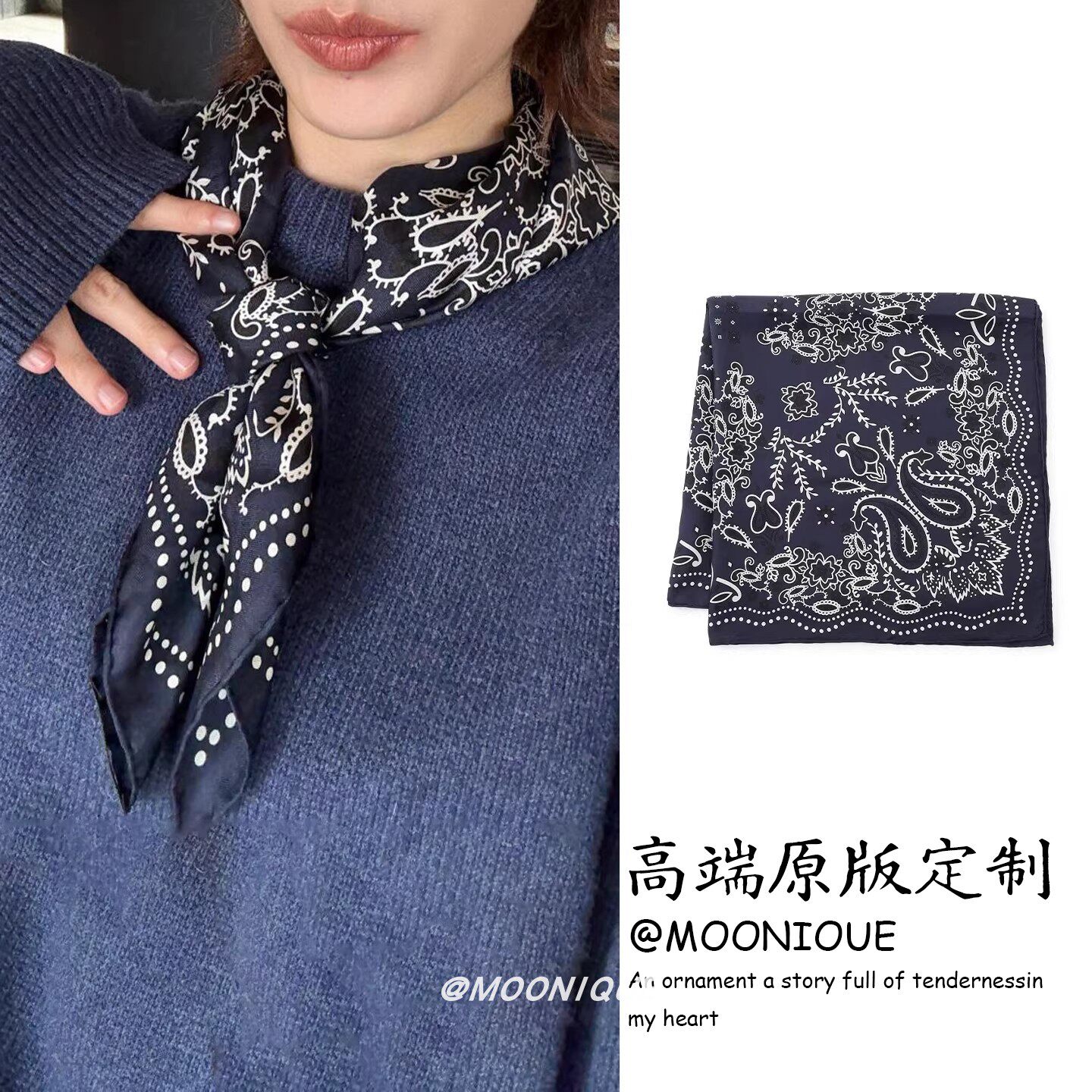 韩版新款藏青色复古植物花卉丝巾女夏季深蓝色小方巾百搭气质围巾