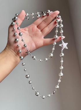 潮酷辣妹双层串珠星星项链小众设计个性叠戴珍珠长款锁骨链毛衣链