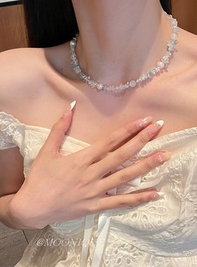 不规则天然海蓝色碎石淡水珍珠项链韩系ins清凉感百搭锁骨链颈链