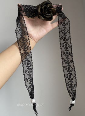 vintage复古法式黑色蕾丝玫瑰花珍珠choker项链女气质高级感小众