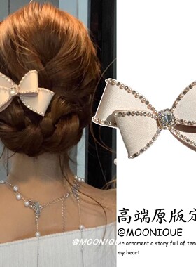 千金感奢华珍珠水钻蝴蝶结发夹女新款公主风甜美优雅白色发饰头饰