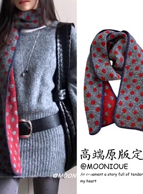 韩版双面红色波点毛绒围巾女款秋冬季氛围感保暖百搭针织护颈围脖