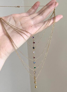欧美个性多层彩钻流苏叠戴项链女甜酷辣妹性感锁骨链小众独特颈链