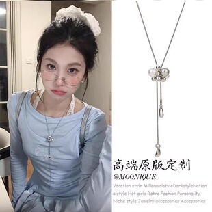 气质仙女精致白色珍珠立体花朵流苏长项链女choker抽拉调节毛衣链