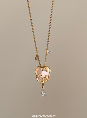 新中式白贝蒲扇水滴仿钻项链女vintage轻奢时尚精致长款毛衣链潮