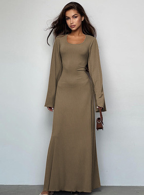 欧美速卖通春秋新品U型领黑色绑带时尚气质长袖洋装长裙女DRESS