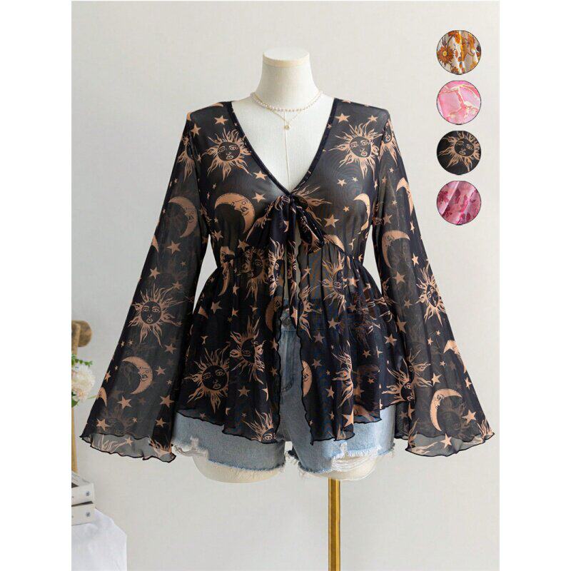 women blouse transparent ladies tops 网纱印花度假风飘逸上衣