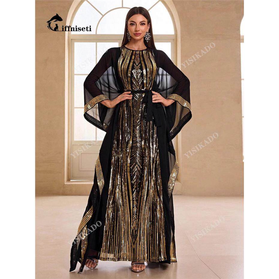 女装时尚优雅雪纺长袍亮片连衣裙两件套Robe Dress