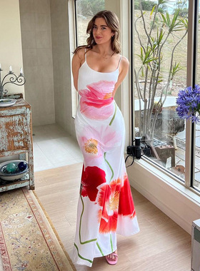 Women's Clothing Fashion Printed Strap Backless Sexy Dress