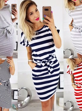 Female Slim Waist Thin Round Neck Striped Belt Dress