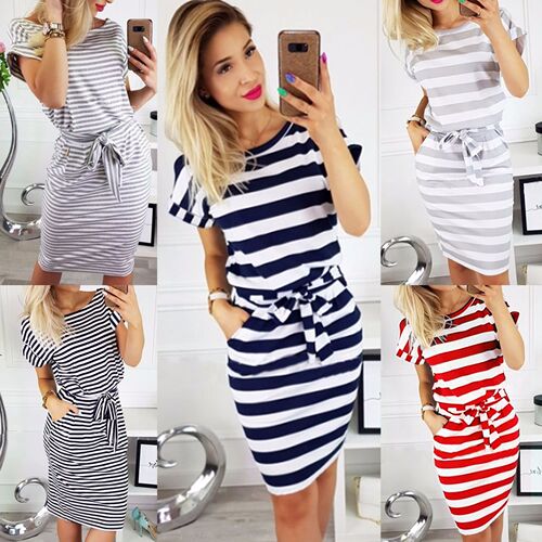 Female Slim Waist Thin Round Neck Striped Belt Dress