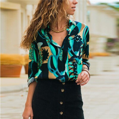 Graffiti printed long-sleeved chiffon shirt tops women's