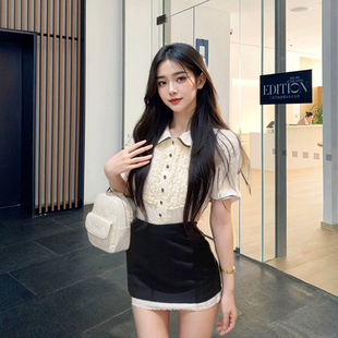 夏季法式复古赫本风千金感重工短袖衬衫+黑色半身裙气质少女套装