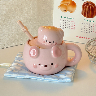 可爱小熊吸管杯陶瓷杯子生日礼物马克杯带盖伴手礼水杯家用釉下彩